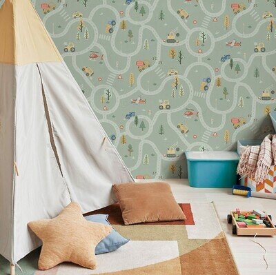 ROUNDABOUT ROAD HOLDEN WALLPAPER SAGE GREEN CARTOON MAP CHILDRENS 14081