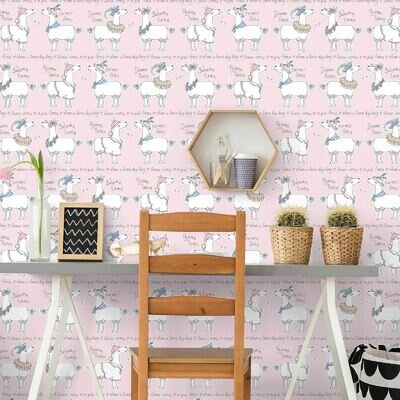 Blush Pink Cartoon Wallpaper Llama Rama Childrens Bedroom Nursery Belgravia 9731