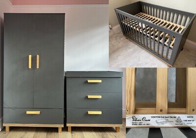 Silver Cross Hoxton Anthracite Oak Nursery Furniture Cotbed Wardrobe Drawers VGC