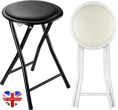 BLACK WHITE FOLDING STOOL ROUND FOLDABLE METAL SPACE SAVING STOOLS PADDED SEAT