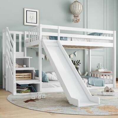 3ft Bunk Bed with Stairs and Slide, Solid Pine Wood Frame, Children Bed 90x190cm