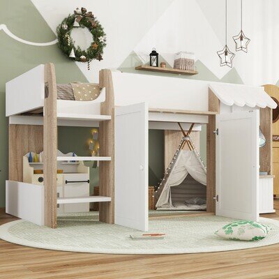 3ft Single Wooden Mid-Sleeper Kids Toddler Loft Cabin Bed with Storage Cabinets