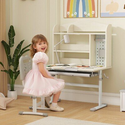 Kids Desk Height Adjustable, Study Table for Kids with Tilt-Desktop, Hutch