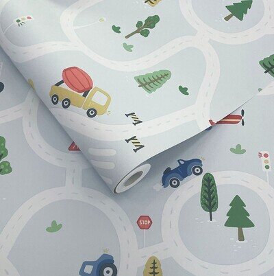 ROUNDABOUT ROAD HOLDEN WALLPAPER LIGHT BLUE CARTOON MAP CHILDRENS 14082