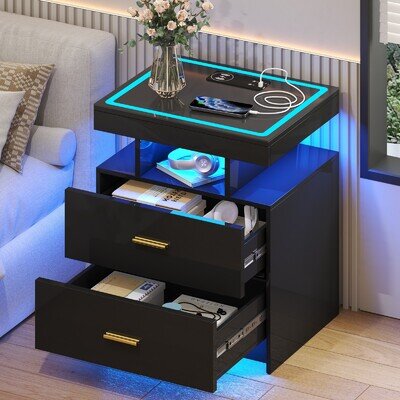 Bedside Table with Charging Station, High Gloss Nigtstand with LED Lights