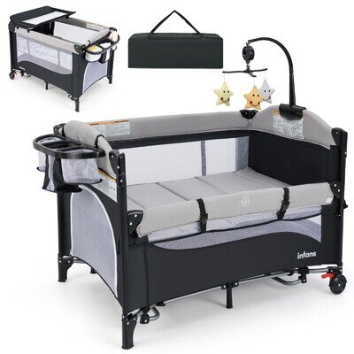 COSTWAY 6-in-1 Baby Bed Travel Cot Foldable Portable Playpen Play Yard-Grey