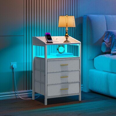LED Light Bedside Table 2/3 Drawer Nightstand Storage Cabinet Charging Station