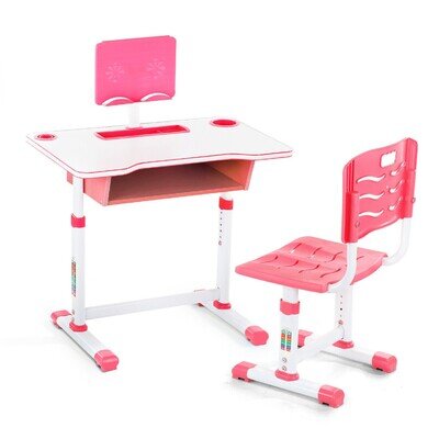 Kids Desk and Seat Set Adjustable Children Study Table Chair Writing Table Pink