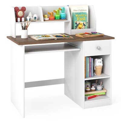 Wooden Kids Desk Children Study Table with Drawer Tabletop Bookshelf Natural