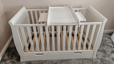 OBABY White Lincoln Sleigh Baby Cot Bed & Tutti Bambini Top Changer *USED*