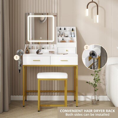 Modern Dressing Table Set 3 Color LED Lighted Mirror 2 Drawer Vanity Makeup Desk