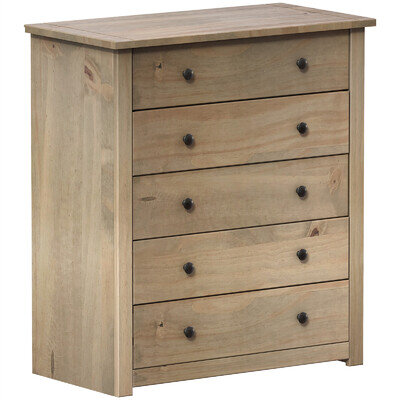 5 Drawer Chest of Drawers Solid Pine Wood Waxed Storage Bedroom Furniture