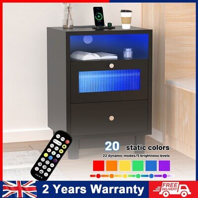 LED Bedside Table With Charging Station Side Cabinet Nightstand with 2 Ccmvhwcda