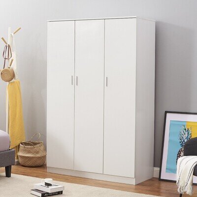 White 3 Door Triple Wardrobe Bedroom Clothes Cupboard with Shelves & Hanging Rod