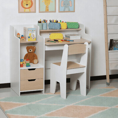 Scribbly Study Kids 2 Drawer Desk Matching Chair and Storage Shelves White