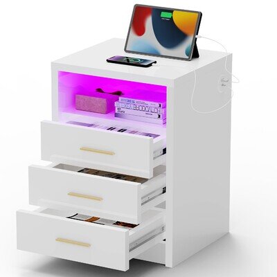 Bedside Table RGB LED 3 Tier Storage Cabinet Nightstand with Charging Station