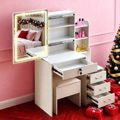 Dressing Table Set w/LED Mirror and Drawers, Shelves, Stool Vanity Make up Desk