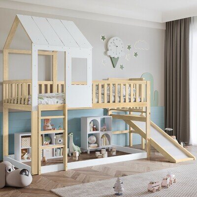 Bunk Bed 3ft Single Cabin Bed with Slide Twin Sleeper Double Bunk Beds for Kids