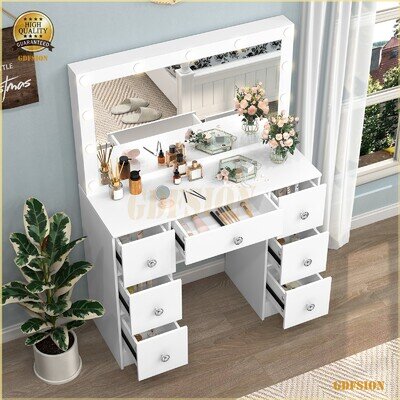 Large LED Mirror Dressing Table Vanity Table With 7 Drawers Makeup Desk Dresser