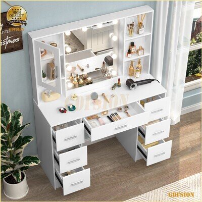 Extra Large Dressing Table With LED Lighted Mirror 7 Drawers Makeup Vanity Desk