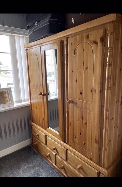 Solid Pine Freestanding Three-Door Wardrobe