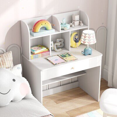 GAINOOM Kids Study Desk with Storage Wooden Children Writing Table White
