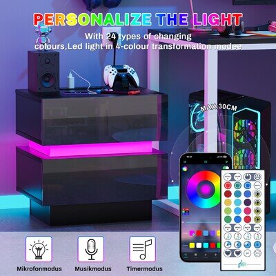 LED Bedside Table 2 Drawers Wood Nightstand Storage Cabinet w/Charging Station🌟