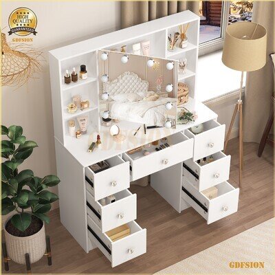 Dressing Table With LED Lights Mirror Vanity Makeup Desk w/10 Shelves 7 Drawers