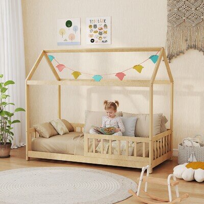 HOMCOM House-Shaped Kids Bed Frame with Guard Rails for Boys Girls, Natural