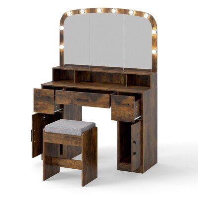 Bedroom Modern Makeup Table Set Vanity Desk with Mirror & Lights-Brown