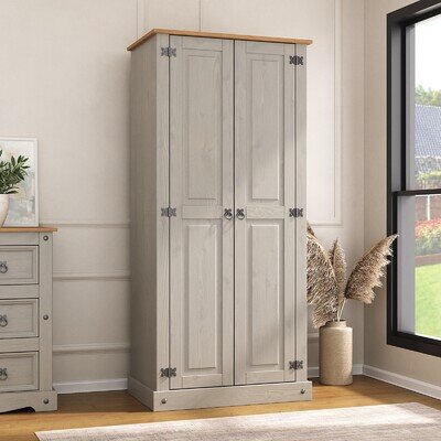 Corona Wardrobe 2 Door Grey Bedroom Solid Mexican Pine Wood Flat Top