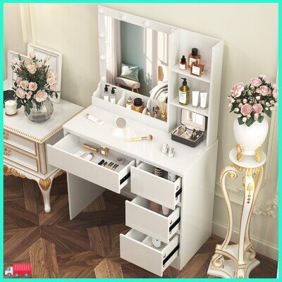 Dressing Table Vanity Makeup Desk with Dimmable LED Light Mirror and Drawers