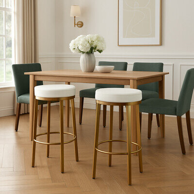 Pratt Counter Height Bar Stool Set of 2, Golden Metal Legs , Leather Seating Pad