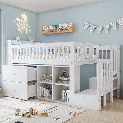 3ft Cabin Bed Mid Sleeper with Stairs, Storage Compartments Kids Children's Bed