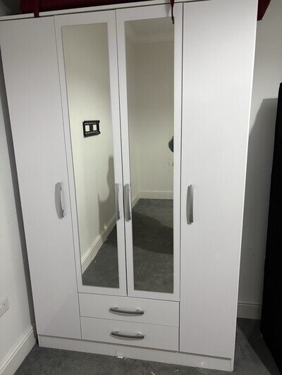 White 4 Door Wardrobe with Mirrors & Drawers-Hanging Rail & Shelves-Modern Style