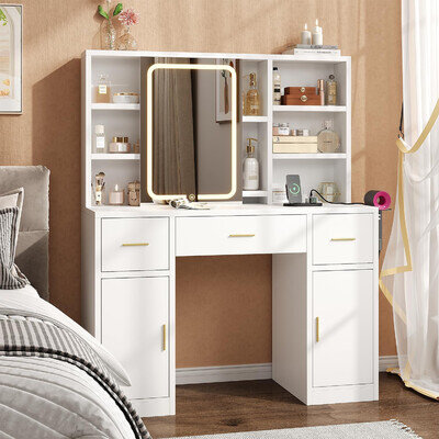 Dressing Table with Mirror & Lights, Modern Vanity Desk with Charging Station, H
