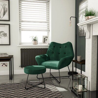 Foot Stool Chair Dressing Table Round Green Velvet Effect Foam Comfort Modern