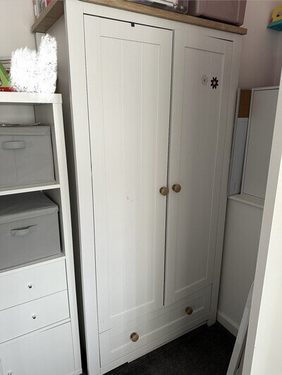 Mothercare white Nursery Wardrobe - 2 shelf storage, hanger & drawer -Child Baby