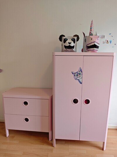 IKEA Busunge pink children’s wardrobe and chest of drawers