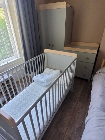 Grey & Natural Wood Nursery Set: Cot Bed, Wardrobe, Chest/Changing, 3 Drawer