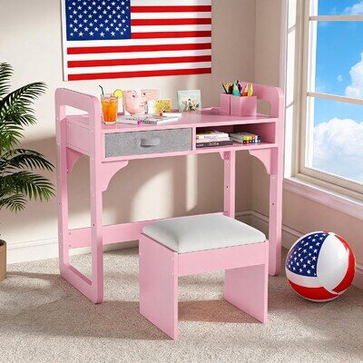 Adjustable Kids Desk and Chair Set for Girls, Wooden Study Table with Bookshelf