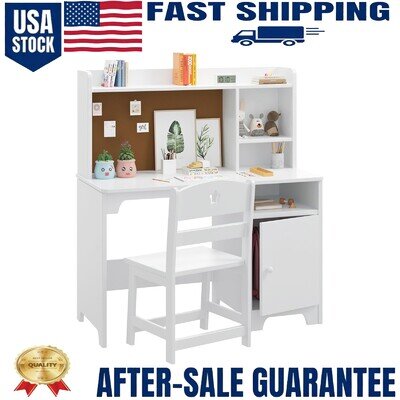 Kids Desk & Chair Set Wooden Writing Table with Storage Cabinet for Kids Bedroom