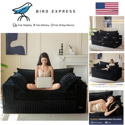 59 in Black Loveseat Bean Bag Sofa Boneless Couch with Pillow Modern No Assembly