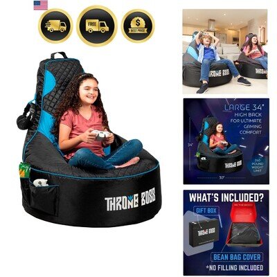 Gaming Bean Bag Chair Cover for Kids with High Back, Blue – Floor Gaming Chai...