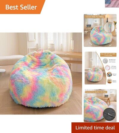 Kids Fluffy Faux Fur Bean Bag Chair Cover No Filler, Soft Furry Stuffed Anima...