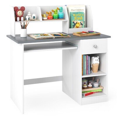 Wooden Kids Desk Children Study Table with Drawer Tabletop Bookshelf Grey