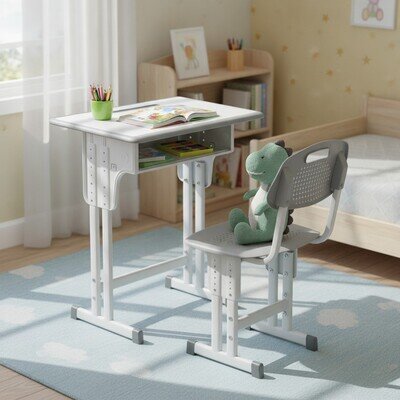 Kids Desk and Chair Set Adjustable Height Grey Study Table with Drawer Book S...
