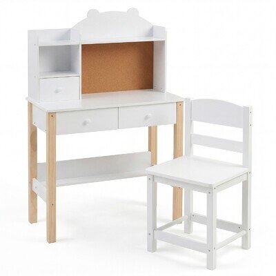 COSTWAY Kids Desk and Chair Set Wooden Children Study Table w/Storage White