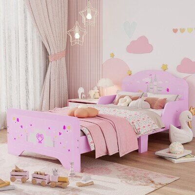 HOMCOM Kids Bed Princess Castle Theme w/ Side Rails Slats Home 3-6 Yrs Pink