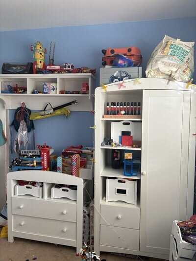 White Children's Bedroom 3pc Wood Set: Wardrobe, Chest of Drawers, Shelving